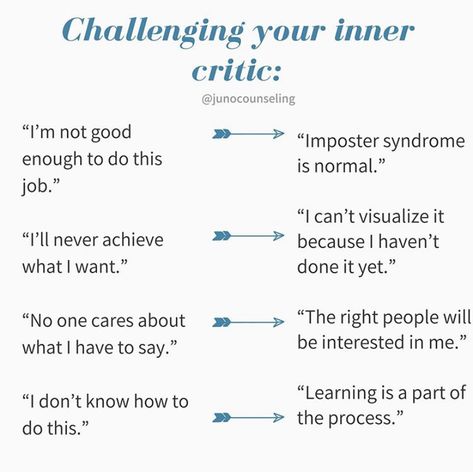 We can be our own worse critic at times. Instead of allowing your inner critic to settle in and take root, practice challenging those self defeating thoughts.                                      @junocounseling Self Defeating Thoughts, Inner Critic Quotes, Kid Games, Comic Ideas, Board Quotes, Inner Critic, Emotional Awareness, Journal Writing Prompts, Confidence Quotes