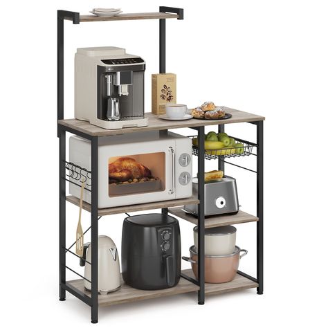 VASAGLE Baker's Rack, Microwave Stand with Wire Basket, 6 Hooks, and Shelves, for Spices, Pots, and Pans, Greige and Black Replace Paper Towels, Baker's Rack, Kitchen Utensil Organization, Storing Spices, Microwave Stand, Kitchen Towel Holder, Magnetic Knife Holder, Kitchen Storage Shelves, Bakers Rack