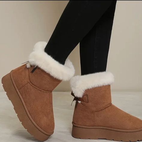 Women's Solid Color Fluffy Boots, Bowknot Decor Slip On Soft Sole Platform Warm Lined Boots, Plush Non-Slip Snow Boots Cute Warm Boots Women, Short Fuzzy Boots, Winter Fluffy Boots, Snow Boots Aesthetic, Cute Winter Boots For Women, Fluffy Winter Boots, Shoes For Snow, Cute Winter Shoes, Trendy Winter Boots