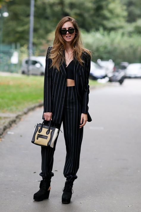 Pin for Later: The Best of Paris Fashion Week Street Style (Updated!) MFW Street Style Day 2 Chiara Ferragni's pinstripes weren't all business. Boots Sandro, Mfw Street Style, Streetwear Inspiration, Milan Fashion Week Street Style, Street Wear Outfits, Giovanna Battaglia, Miroslava Duma, Anna Dello Russo, Moda Paris