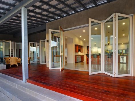 Wood Folding Doors, Cantina Doors, Folding Glass Patio Doors, Modern Windows And Doors, Folding Doors Exterior, Pintu Interior, Glass Wall Systems, Accordion Doors, Glass Doors Patio