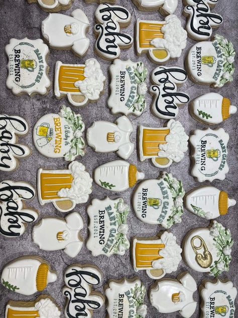 A baby is brewing 🍻 Beer Cookies Custom Cookies Co-Ed Baby Shower Baby Shower Ideas Huggies For Chuggies Party Ideas, Beer Gender Reveal Ideas, Something Is Brewing Baby Shower Theme, Baby And Brews Shower Ideas, A Baby Is Brewing Baby Shower Ideas Beer, Coed Baby Shower Ideas Themes, A Baby Is Brewing Cookies, Beer Themed Baby Shower Ideas, A Baby Is Brewing Gender Reveal