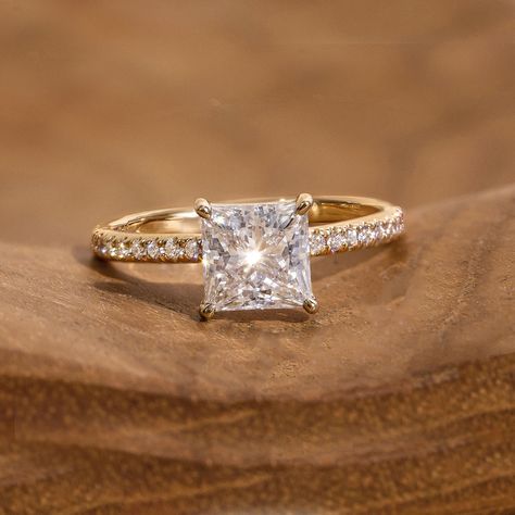 The Classic Princess Engagement Ring | Pave Band | Yellow Gold Wedding Rings Gold Square, Square Gold Wedding Ring, Simple Square Wedding Rings, Gold Square Wedding Rings, Gold Engagement Ring Square, Engagement Ring Pave Band, Square Diamond Wedding Rings, Square Engagement Ring, Square Wedding Rings