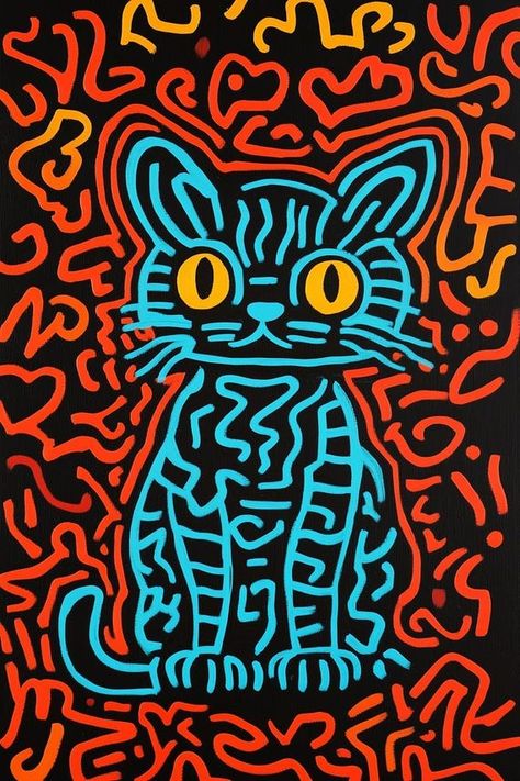 Custom Canvas Cat Artwork in Bold Pop Art Style with Black Background for Home Decor and Wall Art Lovers by CustomCanvasCurators 🎨 Check out this purr-fectly vibrant cat artwork! 🐱 This custom canvas print is bringing the paws-itive vibes to any space – whether it's your living room, bedroom, or creative workspace. 🌈 The playful pop art style and vivid colors are sure to add some extra flair to your walls. Who's ready to brighten up their space with this feline masterpiece? 😺 #CatArt #PopAr... Keith Haring Art, Haring Art, Noir Uni, Whimsical Nature, Emotional Response, Rug Room, Pop Art Animals, Art Fantaisiste, Pop Art Movement