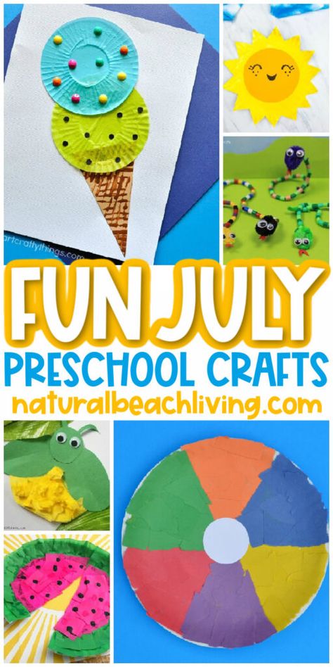 July Preschool Crafts - Summer Art and Craft Activities - Natural Beach Living Easy Kids Summer Crafts, First Day Of Summer Craft, July Arts And Crafts For Kids, Prek Summer Crafts, First Day Of Summer Crafts For Kids, Pre K Summer Crafts, Summer Themed Crafts For Kids, Lemonade Crafts Preschool, Summer Lesson Plans For Preschool