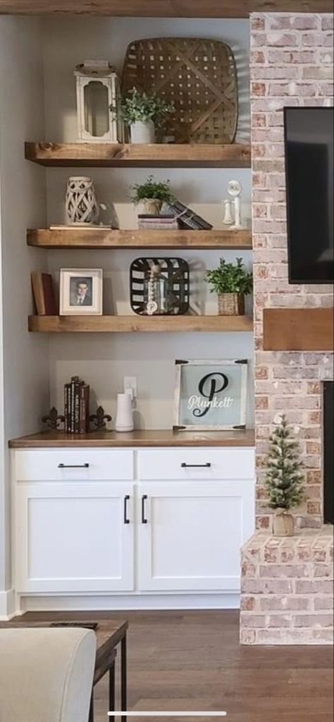 #farmhouse #rustic #farmhouseideas Shelf’s Beside Fireplace, Cabinet Shelf Next To Fireplace, Modern Farmhouse Built In Decor, Accent Built Ins Living Rooms, Decorating Shelves Beside Fireplace, Custom Shelves Around Fireplace, Chimney Shelf Decor, Modern Farmhouse Living Room Built Ins, Built Ins With Brick Fireplace