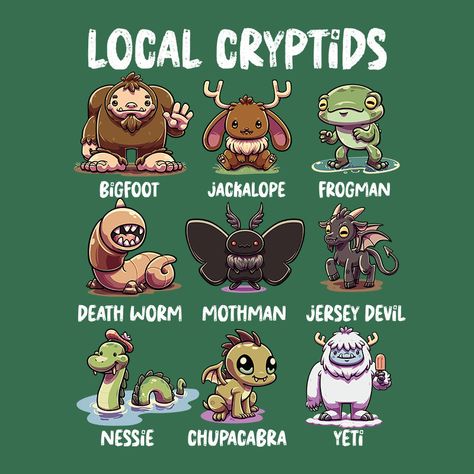 **Introducing our Local Cryptids Shirt This captivating tee is perfect for fans of the mysterious and anyone who loves quirky and imaginative designs. The unique illustration features a collection of famous cryptids, including Bigfoot, Mothman, Nessie, and Chupacabra, celebrating the legends of these elusive creatures in a fun and stylish way. **Celebrate your love for cryptids** with this creative and eye-catching design. Whether you're a cryptid enthusiast, a fan of mythical creatures, or simp Uk Cryptids, Irish Cryptids, Mothman Illustration, Cute Cryptids, Cryptid Illustration, Kawaii Quilt, Cryptid Party, Famous Cryptids, Chupacabra Art