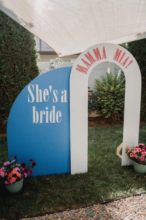 Mamma Mia! She’s a bride backdrop Mama Mia Kitchen Tea, Mamma Mia Party Backdrop, Bridal Shower Mamma Mia Theme, Mamma Mia Shower Theme, Mamma Mia Bridal Shower Invitations, Mama Mia Backdrop, Momma Mia Bridal Shower Theme, Mamma Mia Backdrop, Mama Mia Bridal Shower Theme