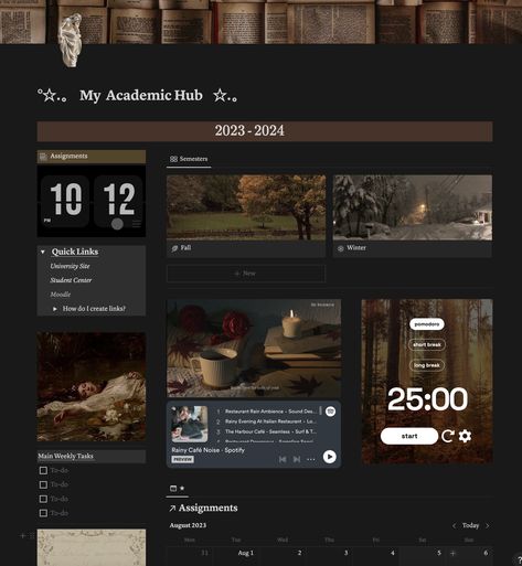 Dark Academia Student Notion notionacademicpl Dark Academia Student, Dark Academia Notion, 2nd Brain, Love Dark Academia, Notion Templates For Students, Notion Layout, Rain Ambience, Study Planner Free, Aesthetic Notion Template