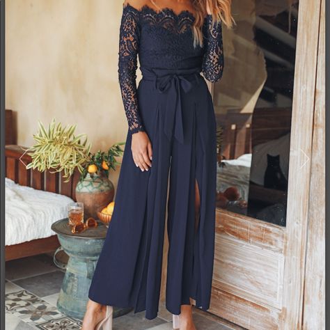 New Navy Lace Off The Shoulder Top With Attached Pants Jumper Size Med. The Romper Or Jumper Has Slits In The Pants To Show Off Your Legs. Super Cute For Wedding Off The Shoulder Jumper, How To Dress For A Wedding, Slim Jumpsuit, Jumpsuit Navy Blue, Wedding Jumpsuit, Jumpsuit Elegant, Lace Jumpsuit, Blue Jumpsuits, Navy Lace