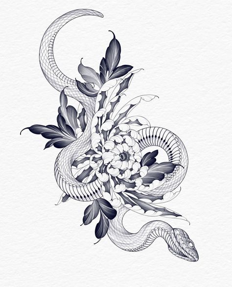 Snake And Flowers Tattoo, Floral Skull Tattoos, Japanese Snake Tattoo, Cobra Tattoo, Japanese Flower Tattoo, Chrysanthemum Tattoo, Snake Drawing, Snake Tattoo Design, Floral Tattoo Design