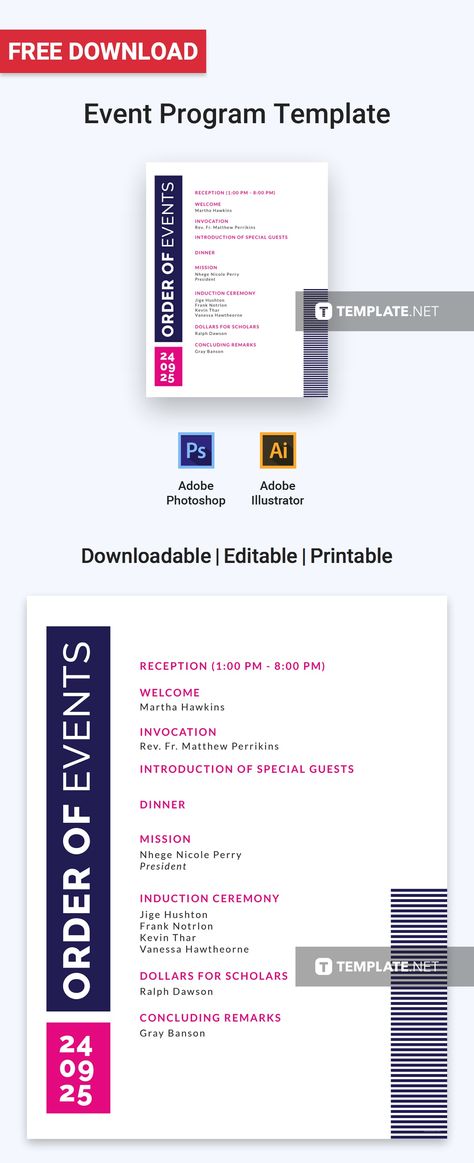 Download Free Event Program Template for Personal & Business use Professionally Designed Free Program Templates. Downloadable, editable, printable, share digitally for business & personal use. Available in Microsoft Word (.doc), Publisher, Apple Pages, Adobe Photoshop (PSD), InDesign, Illustrator.  #FreeProgramdesigns #FreeTemplates #Freedesigns #Programdesigns #freeProgramtemplates #AdobeIllustrator  #AdobePhotoshop #InDesign #MicrosoftWord #Publisher Event Program Design Templates, Event Program Design Layout, Event Program Design, Program Layout, Calendar Design Layout, Printable Wedding Program Template, Printable Programs, Event Programs, Printable Wedding Programs