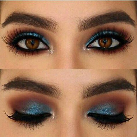 Marron Makeup Ideas, January Makeup Looks, Make Up Inspo Brown Eyes, Bright Makeup Looks Eyeshadows, Blue Eyeshadow Brown Eyes, Pop Of Color Eyeshadow, Make Brown Eyes Pop, Blue Eyeshadow For Brown Eyes, Drawing Makeup