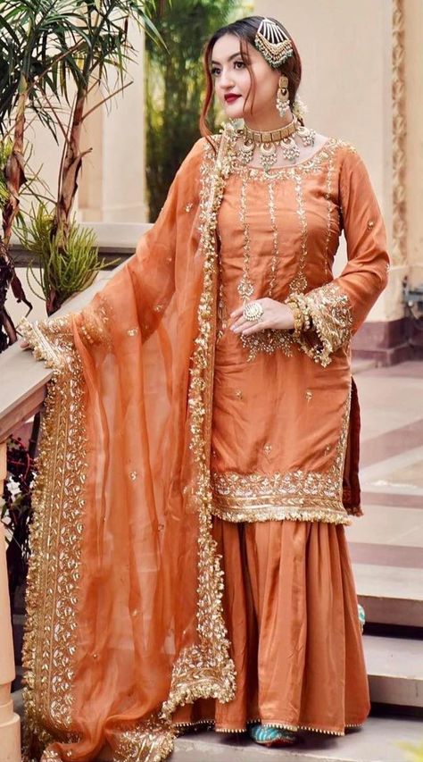 Punjabi Garara Suits, Rust Colour Suit Punjabi, Orange Pakistani Suit, Orange Punjabi Suit, Jago Outfit, Indian Dress Up, Bridal Suits, Suits Punjabi, Pakistani Formal Dresses