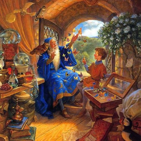 Merlin and Arthur, illustrated by Scott Gustafson Scott Gustafson, Fantasy Wizard, 동화 삽화, Merlin And Arthur, Little Bo Peep, Fairytale Illustration, Fairytale Art, Gandalf, Art Et Illustration