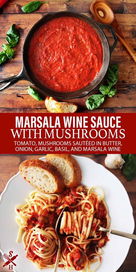 This is a delicious Italian Marsala wine sauce with mushrooms made with a tomato base, mushrooms sautéed in butter, onion, garlic, basil, and Marsala wine. Serve over pasta with steak or chicken. Pasta With Steak, Cooking Wine Recipes, Red Wine Pasta Sauce, Wine Pasta Sauce, Marsala Pasta, Mushrooms Sauce, Mushroom Pasta Sauce, Chicken Marsala Recipe, Wine Chicken