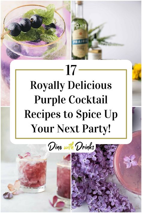 Collage of 4 purple cocktails. Purple Cocktail Recipes, Speak Now Cocktail, Purple Cocktails Recipe, Purple Batch Cocktail, Purple Drinks Non Alcoholic, Purple Wedding Drinks Cocktails, Purple Rain Cocktail Recipes, Purple Punch Recipes, Purple Signature Drinks