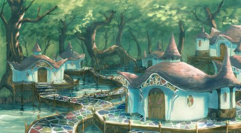 water town, Nozomi T on ArtStation at https://www.artstation.com/artwork/3WbxE Water Village Fantasy Art, Fey Wild, Water Village, Fantasy Village, Fantasy Town, Town Ideas, Fantasy Stuff, Water Art, Fantasy Art