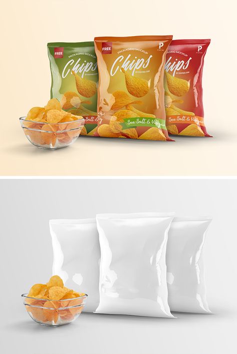 Another realistic mockup by Pixpine, Free Chips Bag Packaging Mockup. If you are designing a flavour range of snack brand then this mockup is ideal for you, because you can showcase your three flavour designs in one go.   #packaging #branding #labeling #bag #plastic #mockup #freebie #free #chips #snack Chips Bag Design, Chips Mockup, Snacks Business, Chips Packaging Design, Snack Lays, Chips Design, Chips Packaging, Chips Bags, Frozen Food Packaging