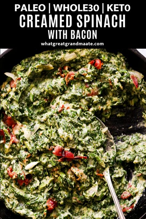 This comforting paleo creamed spinach with bacon uses pureed cauliflower for that rich, creamy texture. You'll never know that it's way healthier when you taste how amazingly addicting it is! #creamedspinach #paleoholiday #ketosidedish #lowcarb #whole30holidayrecipe #dairyfreecreamedspinach #whole30holidaysides #ketoholidayrecipes Dairy Free Creamed Spinach, Paleo Creamed Spinach, Spinach With Bacon, Pureed Cauliflower, Keto Creamed Spinach, Creamed Spinach Recipe, Keto Holiday Recipes, Paleo Side Dishes, Delicious Sides