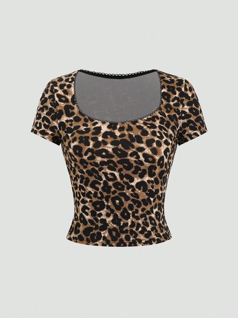 Women's Summer Leopard Print Short Sleeve Slim Fit T-Shirt Multicolor Casual  Short Sleeve Knitted Fabric Leopard Print,Textured Pattern  High Stretch  Women Clothing, size features are:Bust: ,Length: ,Sleeve Length: Leopard Print Clothes, Cheetah Print Shirt, Cheetah Print Shirts, Leopard Outfits, Leopard Shirt, Leopard Top, Leopard Print Shorts, Leopard Print Shirt, T Shorts