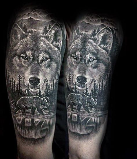 Half Sleeve Sick Wolf With Walking Bear Mens Tattoo Designs Bear And Wolf Tattoo, Bear And Wolf, Wolf Sleeve, Wolf Tattoo Ideas, Wolf Tattoos Men, Wolf Tattoo Sleeve, Bear Tattoos, Wolf Tattoo Design, Tattoos For Black Skin