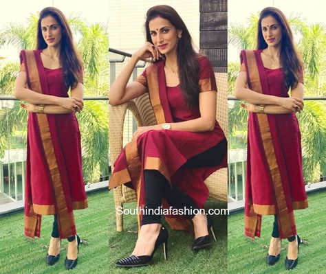 Shilpa Reddy was spotted in a maroon handloom chudidhar suit with copper gold borders. Shilpa Reddy, Silk Kurti Designs, Indian Kurti Designs, Party Life, Churidar Designs, Salwar Dress, Simple Kurta Designs, Simple Kurti Designs, Salwar Designs