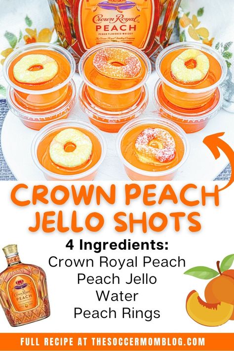 Peach Jello Shots Recipe, Peach Jello Shots, Crown Royal Peach, Best Jello Shots, Peach Jello, Jello Shots Recipe, Jelly Shots, Peach Drinks, Pudding Shots