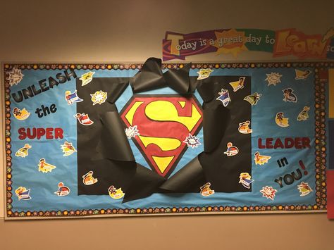 Superhero Bulletin Board / Leader In Me Hero Bulletin Board, Superhero Bulletin Boards, Superhero School, Superhero Classroom Theme, Superhero Classroom, Super Hero Theme, Bulletin Board Borders, Leader In Me, Classroom Bulletin Boards