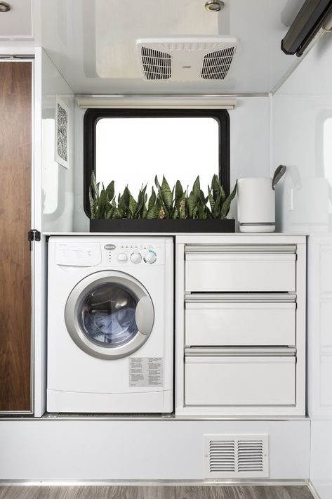 An optional washer/dryer combo unit can be added next to the three-drawer dresser. #dwell #mobilehome #designnews Tiny House Laundry, Laundry Unit, Living Vehicle, Compact Washer And Dryer, Travel Trailer Living, Three Drawer Dresser, Tesla Cybertruck, Trailer Living, House Essentials