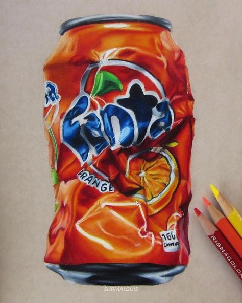 Crushed Can, Can Drawing, Fanta Can, Pencil Drawing, Realism, Pencil, Orange, Art