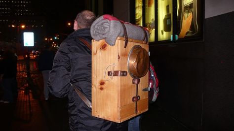 backpacker Rustic Backpack, Wooden Backpack, Vintage Outdoor Backpack With Leather Backing, Vintage Standard Backpack For Adventure, New York In September, Walking In New York, Mountain Man Possibles Bag, Box Backpack, Hunting Stuff