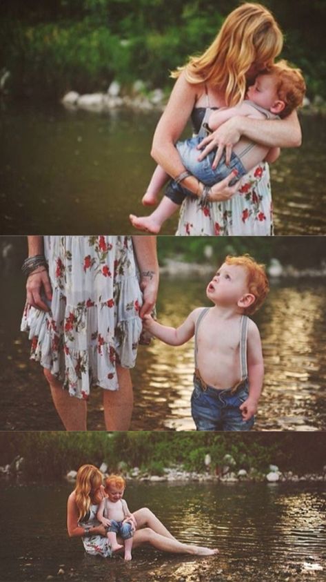 First Birthday Creek Pictures, Mommy And Me River Photos, Mommy And Me Water Photo Shoot, Mommy And Me Creek Session, Family River Photoshoot, Creek Family Photoshoot, Creek Session, Creek Pictures, Jeans Suspenders