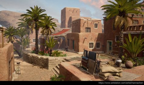 Hanna Chen - The Desert Village (Final) Desert Village, Stylized Environment, Ancient Egyptian Architecture, Mom Drawing, African Village, Egypt Concept Art, City Zoo, Fantasy World Map, Bg Design