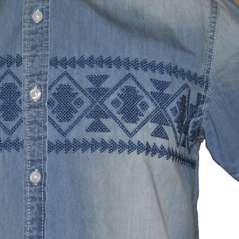 denim aztec Aztec Embroidery, Aztec Denim Jacket, Vintage Denim Blue Embroidered Outerwear, Aztec Shirt, Bohemian Blue Semi-stitched Embroidered Fabric, Blue Semi-stitched Bohemian Embroidered Fabric, Types Of Embroidery, Aztec Print, Short Sleeve Shirt