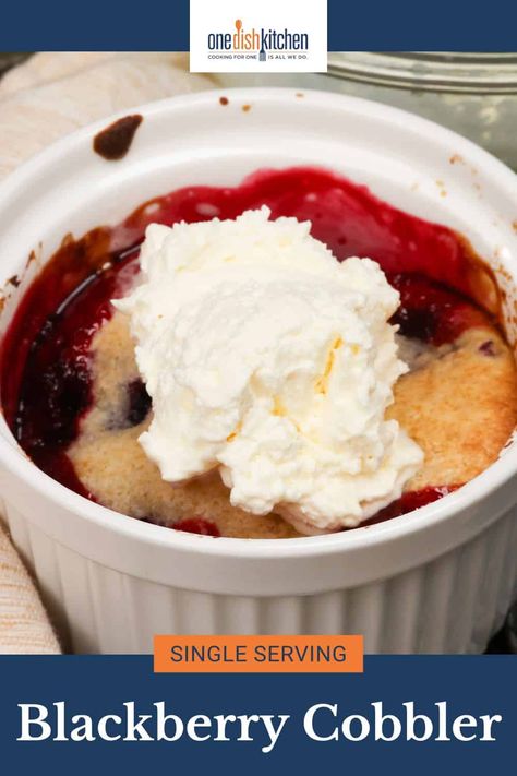 Enjoy a quick and easy single serving blackberry cobbler with fresh blackberries and a fluffy golden topping. Perfect for a sweet treat anytime. Mini Blackberry Cobbler, Mini Cobbler, Cobbler For One, Recipes For One Person, Baking Dish Recipes, Blackberry Crisp, Blackberry Cobbler Recipe, Mini Sweets, One Dish Kitchen