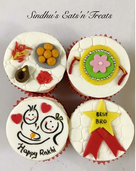 Rakhi theme cupcakes Rakhi Cupcake Ideas, Rakhi Cake Ideas, Raksha Bandhan Cake Ideas, Rakshabandhan Cake Ideas, Rakhi Cake Designs, Rakhi Cupcakes, Rakhi Cake, Festival Packing, Friendship Cake