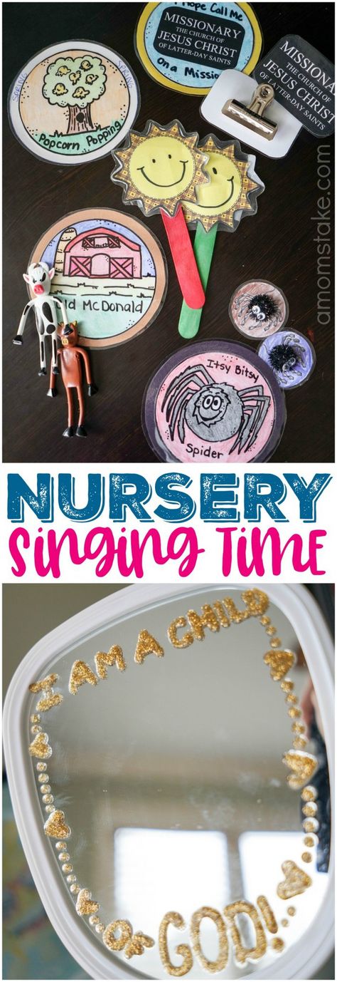 LDS Nursery Singing Time ideas with props, printables, song list, activities, actions, and ideas!! Perfect for singing with toddlers and preschoolers. #LDS #SingingTime #Nursery #Primary #Mormon #ImaMormon #Singing #KidsActivities #MusicActivities via @amomstake Nursery Lesson Ideas, Nursery Singing Time, Lds Nursery Ideas, Primary Secretary, Lds Nursery, Lds Primary Singing Time, Singing Time Ideas, Lds Conference, Nursery Songs