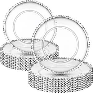 18 Pcs Plastic Beaded Charger Plates 13 Inch Round Dinner Chargers Silver Bead Charger for Dinner Plates Clear Service Plates for Wedding Birthday Party Events Bridal Shower Dinner Tabletop Decoration Beaded Charger Plates, Plates For Wedding, Bridal Shower Dinner, Silver Chargers, Formal Table Setting, Simple Dining Table, Plastic Party Plates, Pearl Party, Party Table Settings