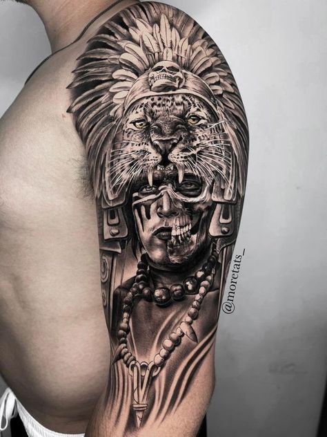 Aztec Arm Tattoo Men, Aztec Jaguar Warrior Tattoo, Aztec Mythology Tattoos, Aztec Lion Tattoo, Aztec Tattoo For Men, Borracho Tattoo, Jaguar Skull Tattoo, Spaniard Tattoo, Aztec Tattoo Mexican Forearm