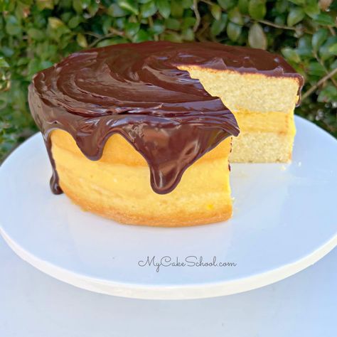 Boston Cream Pie (A Scratch Layer Cake) Easy Boston Cream Pie, Boston Cream Pie Cake, Boston Cake, My Cake School, Boston Cream Cake, Chocolate Ganache Glaze, Boxed Cake Mixes Recipes, Italian Cream Cakes, Fruity Cake