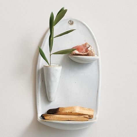 Amazon.com: Creative Co-Op Stoneware Wall Vase with Two Shelves with Reactive Glaze, White : Home & Kitchen Keramik Design, Clay Wall, Reactive Glaze, Wall Vase, Ceramics Pottery Art, Creative Co Op, Diy Clay, Air Dry Clay, Extra Storage