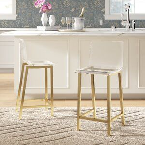 Alcott Hill® Renata 30" Counter Bar Stool | Wayfair Acrylic Barstools In Kitchen, Clear Bar Stools, Kitchen Barstools, Gold Bar Stools, Acrylic Bar Stools, Chrome Bar Stools, Pub Tables, High Bar Stools, Glam Aesthetic