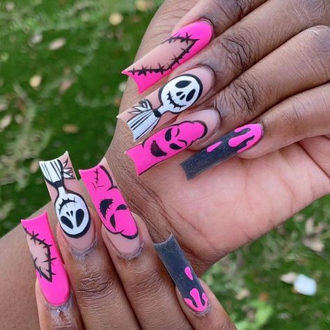 Nightmare Before Christmas Nails, Reflective Nails, Kule Ting, Cover Nails, Press Nails, Halloween Fest, Halloween Press On Nails, Purple Acrylic Nails, Long Press On Nails