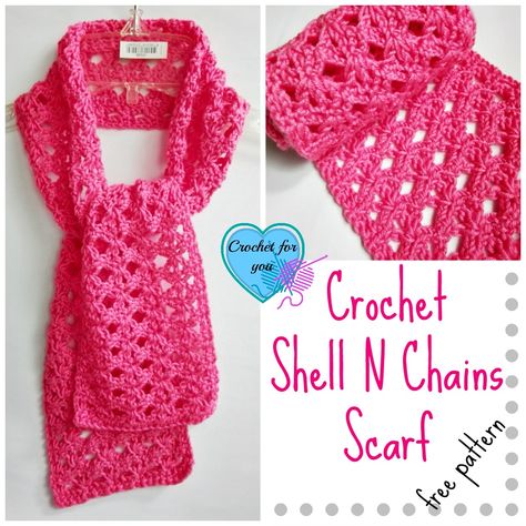 Crochet Shell N Chains Scarf Free Pattern - Crochet For You Scarfs Crocheted, Crocheted Scarves, Crochet Scarf Easy, Lacy Scarf, One Skein Crochet, Crochet Shell, Crochet Scarfs, Crochet Wrap Pattern, Chain Scarf