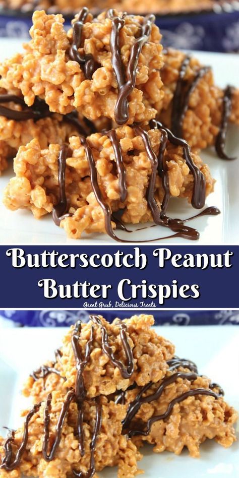 Butterscotch Peanut Butter Crispies are delicious treats with butterscotch morsels, peanut butter and coarsely crushed rice Krispies all mixed together then drizzled with chocolate. #butterscotch #peanutbutter #desserts #nobakedesserts #greatgrubdelicioustreats Butterscotch Peanut Butter, Butterscotch Desserts, Peanut Butter Rice Krispie Treats, Peanut Butter Rice Krispies, Peanut Butter Balls Recipe, Averie Cooks, Krispie Treats Recipe, Cereal Treats, Peanut Butter Cookie