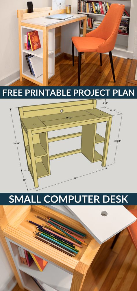 This project proves that a desk doesn’t have to be big or bulky to offer lots of work and storage space. From storage trays under the desktop to the built-in tray at the back for charging devices to shelves underneath, it’s packed with clever features that prove good things come in small packages. Click Pin for the free project plans! Small Computer Desk, Diy Regal, Modern Computer Desk, Desk Plans, Small Space Bedroom, Small Computer, Bookcase Design, Hemma Diy, Desk Ideas