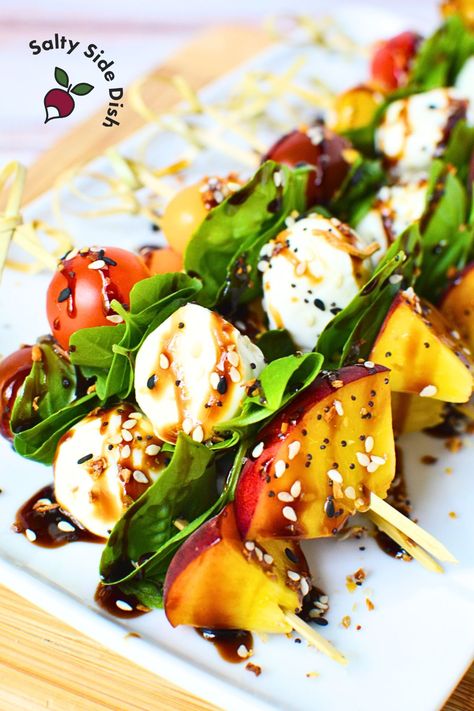 Make fresh Peach Caprese Skewers! Made with grape tomatoes, mozzarella, basil, and juicy peach slices, drizzled with balsamic glaze. Peach Mozzarella Caprese, Peach Caprese Skewers, Accordion Cucumber, Fresh Mozzarella Appetizers, Peach Skewers, Caviar Dip Recipe, Spiral Cucumber Salad, Peach Mozzarella, Cucumber Dip Recipe