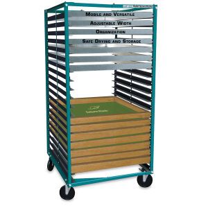 Rolling Screen Racker - 20 Shelves, Rack, 15'' to 46'' | BLICK Art Materials Portable Screen, Shelves Rack, Screen Printing Equipment, Teacher Breakfast, Studio Storage, Printmaking Supplies, Graffiti Words, Screen Printing Machine, Plastic Shelves