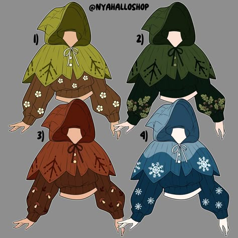 Seasonal sweater and hooded cape sets 🌿 Which one is your fave? #indiedesigner #fashiondesigner #smallbusiness #sweaterweather #indiedesigner #supportsmallbusiness #springvibes #summervibes #fallvibes #altfashion #alternativefashion Concept Art Reference, Whimsical Goth, Character Outfit Ideas, Sweater Sets, Goth Kawaii, Character Artist, Dress Design Drawing, Hooded Cape, Clothing Design Sketches